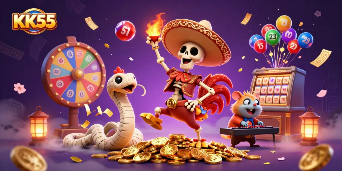 KK55 showcases vibrant casino fun with a skeleton mariachi rooster, lottery balls, and golden tickets