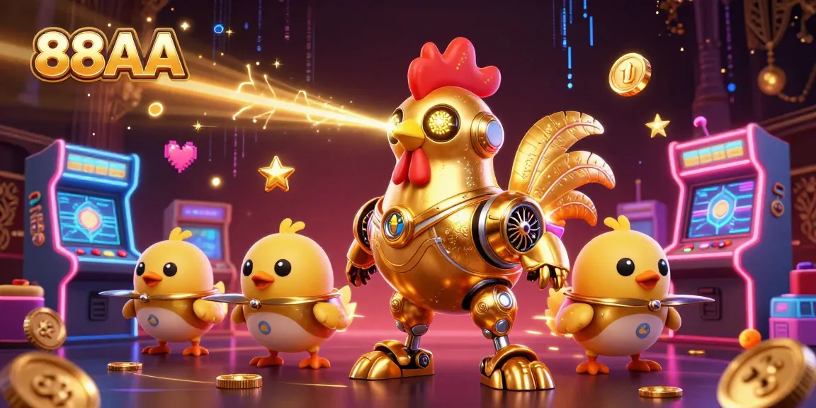 Experience the excitement of 88AA casino with dynamic action-filled 3D illustration featuring gaming elements.