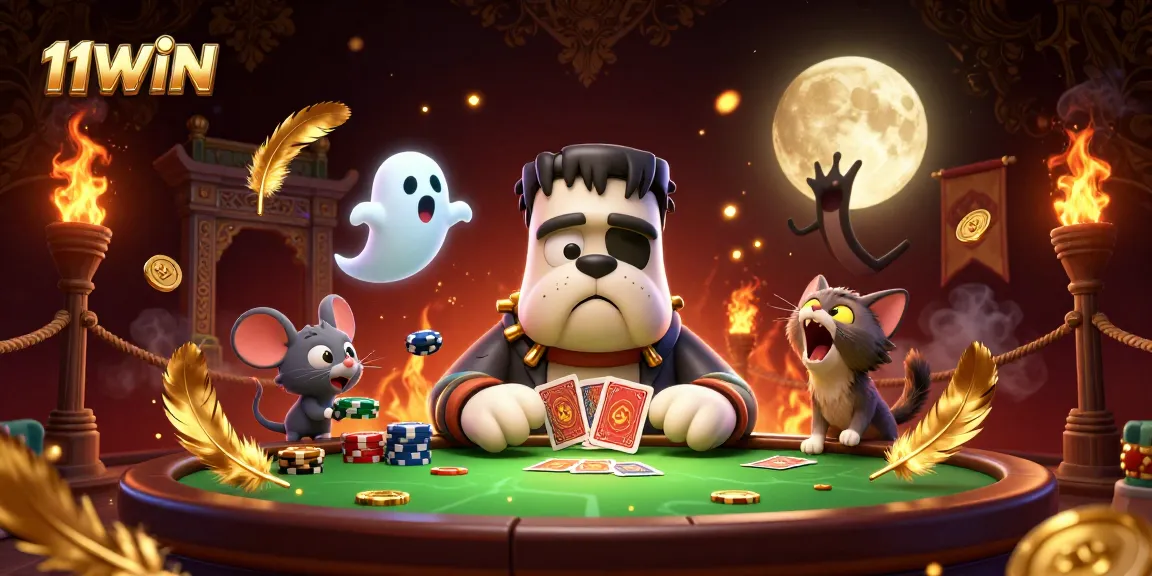 Experience thrilling card games with 11WIN in this vibrant 3D casino scene featuring unique characters.