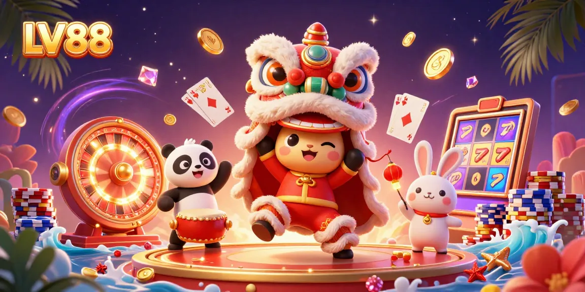 Experience the thrill of LV88 with a dynamic casino scene featuring vibrant characters and game elements.