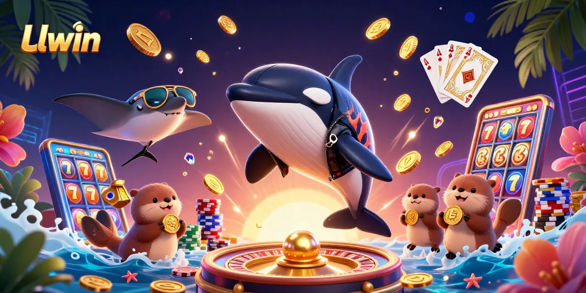 Engage with Llwin's vibrant gaming scene featuring colorful characters and exciting casino elements.