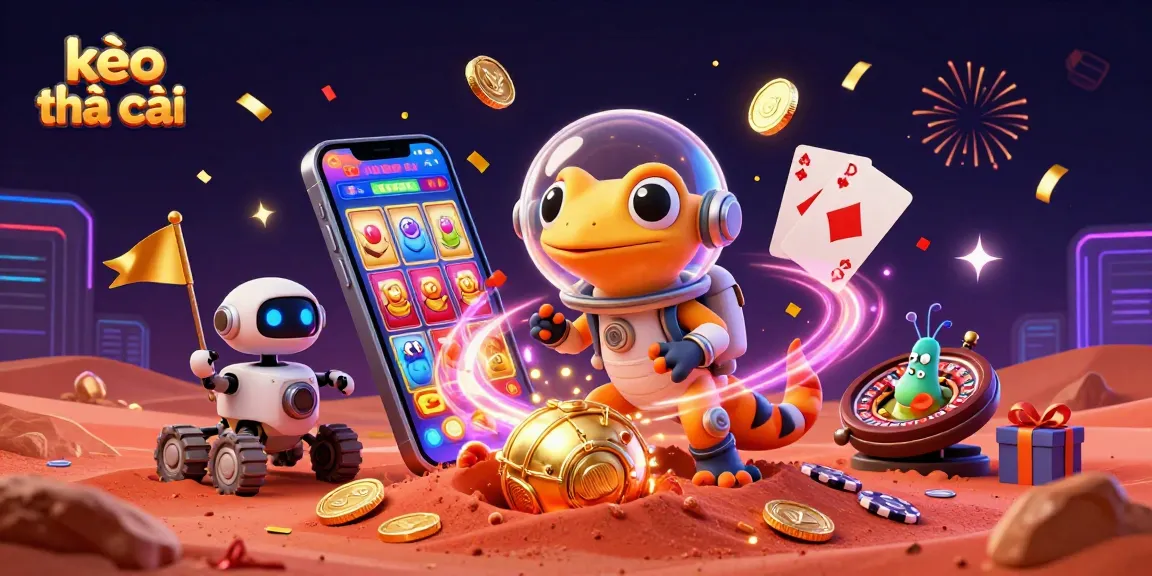 Play kèo nhà cái with fun casino characters and vibrant gaming elements in a cosmic setting.