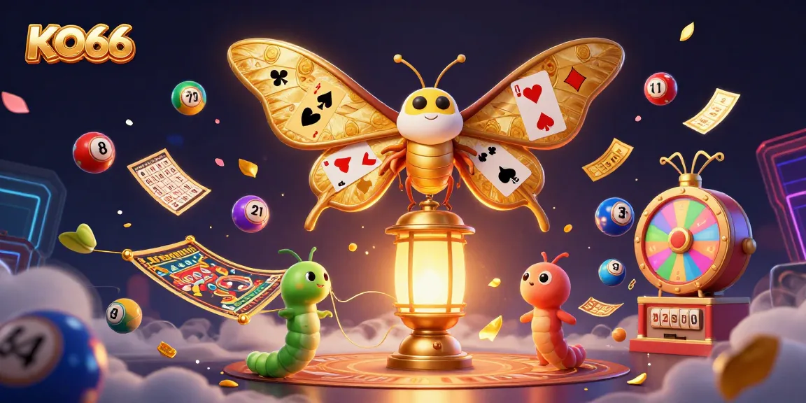 Experience the vibrant energy of KO66 with dynamic casino games, colorful lottery balls, and golden moths.