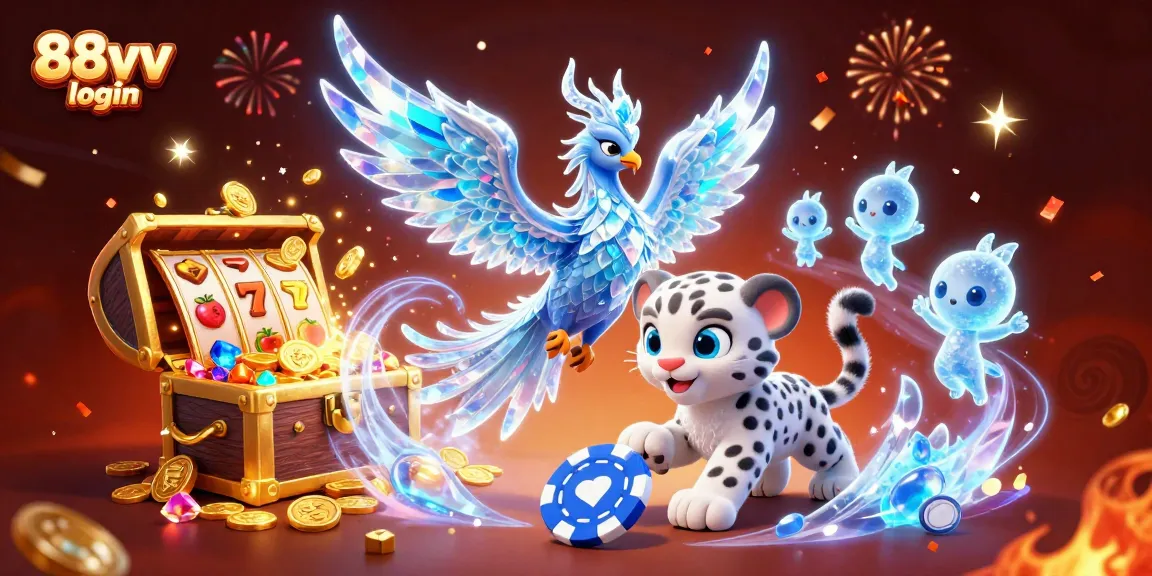 Capture the excitement of gameplay with 88vv login amidst a vivid 3D casino scene featuring an ice phoenix and slot machine elements.