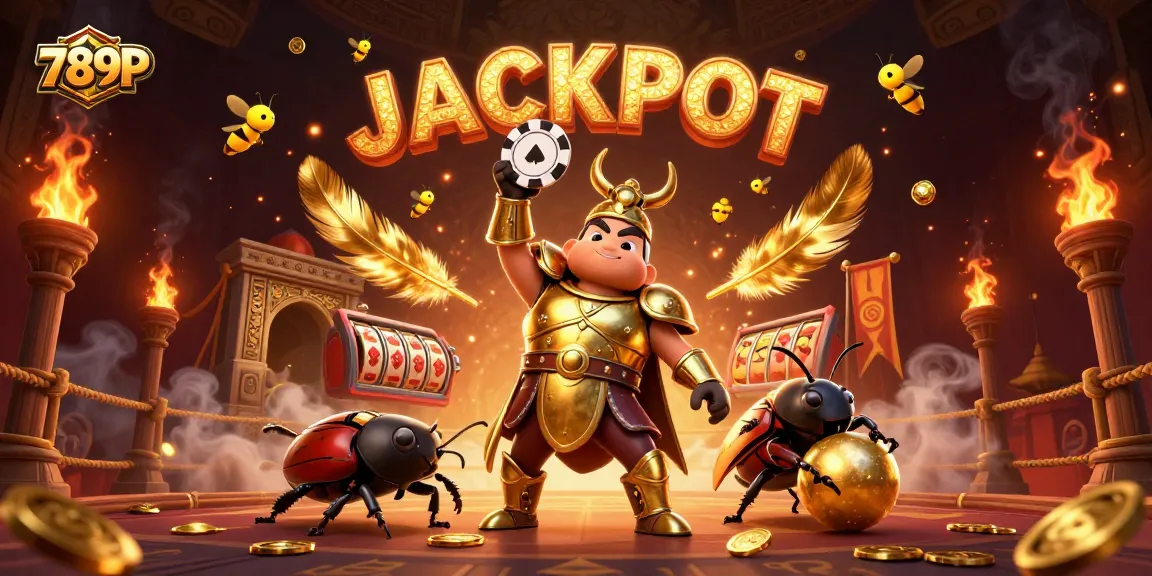 Experience the thrill of victory at 789P with a herculean beetle in golden armor lifting a poker chip amid slot reels.