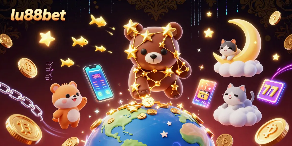 Engage with lu88bet's vibrant 3D casino universe featuring constellation bear, crypto coins, and slot elements